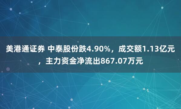 美港通证券 中泰股份跌4.90%，成交额1.13亿元，主力资金净流出867.07万元